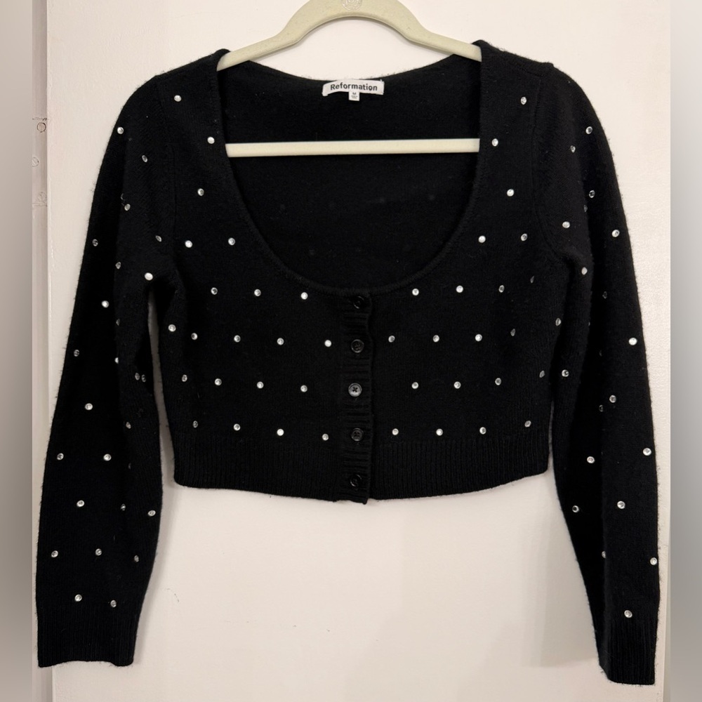 Reformation Natalia Crystal Embellished Wool Cropped Sweater Black Size L